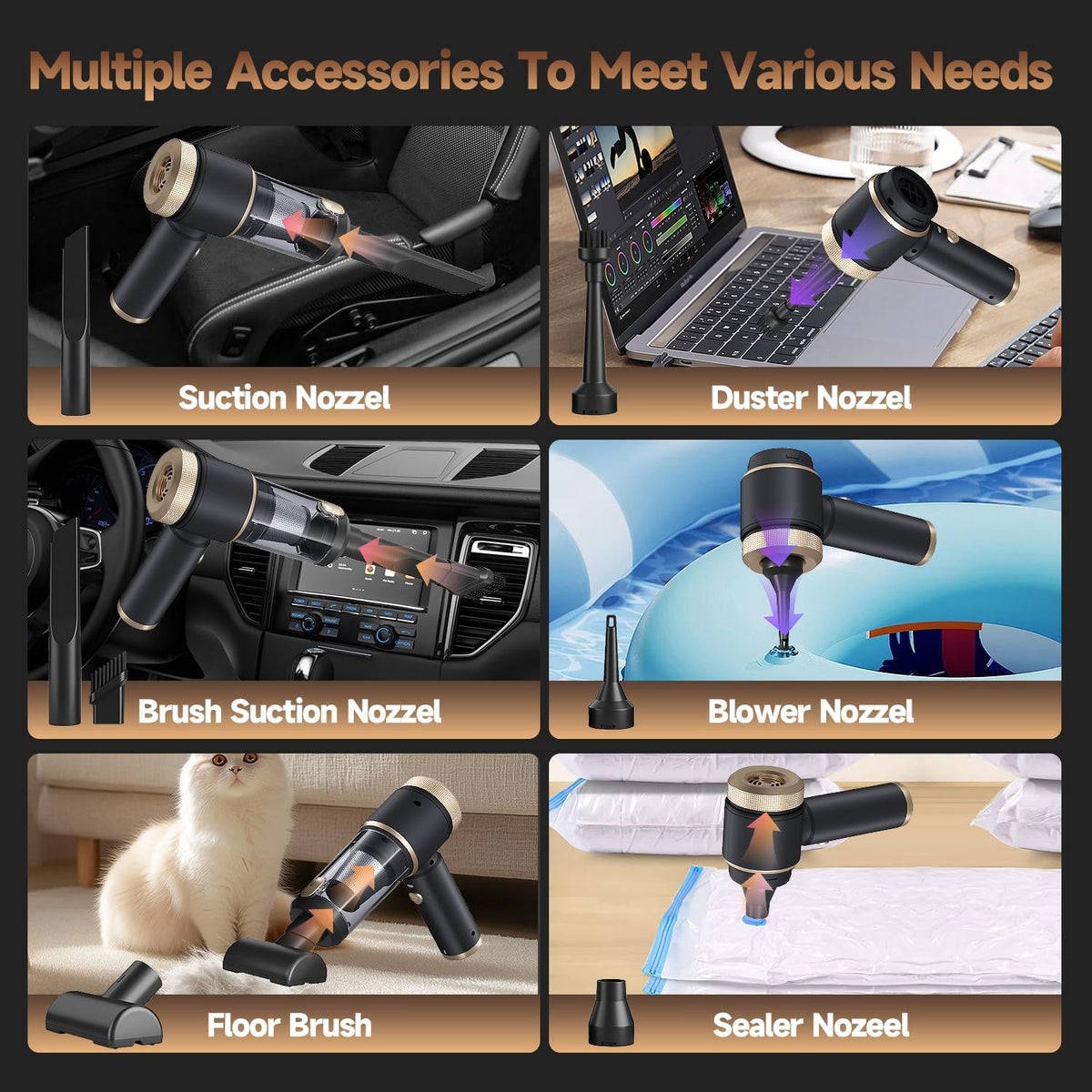 Car Vacuum Portable Cordless, Hand Vacuum with 16000PA High Power, 7 in 1 Mini Car Vacuum Cleaner with One-Click Empty, Dual Hepa Filter, LED Light, Type-C Charging Small Handheld Vac