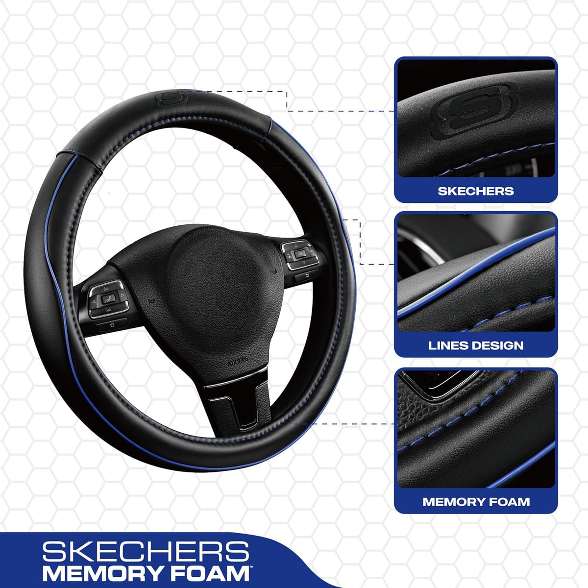 Skechers Memory Foam Steering Wheel Cover,Piping Microfiber Leather Steering Wheel Cover Sporty Universal Fit 14" 1/2-15" Car Wheel Protector for Men Women Fit Suvs,Vans,Sedans,Car,Trucks,Blue