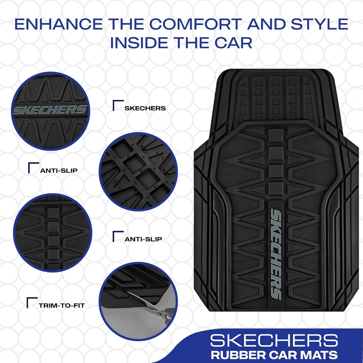 Skechers Car Floor Mats,Heavy Duty Rubber Car Mats Full Set,All WeatherFloor Mats,Waterproof Trim to Fit Universal Floor Liner Car Accessories,Automotive Floor Mats for Cars Trucks SUV,Black