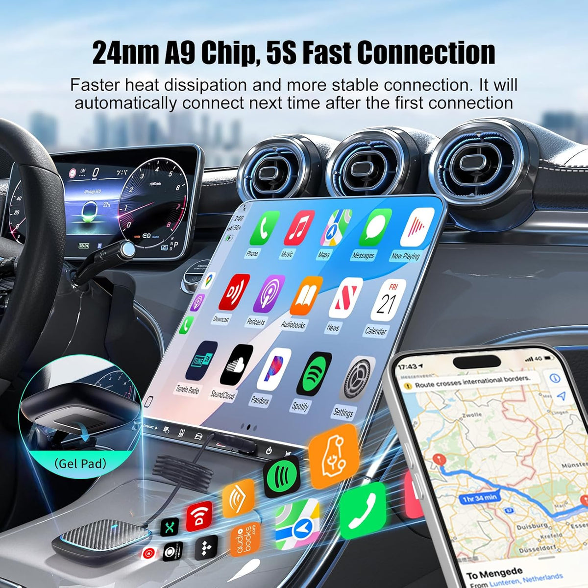 Wireless CarPlay Adapter for iPhone,Convert Wired to Apple Car Play Wireless Adapter, Plug and Play, with 60CM Extension Cable USB & Type-C, Connection Stable No Delay