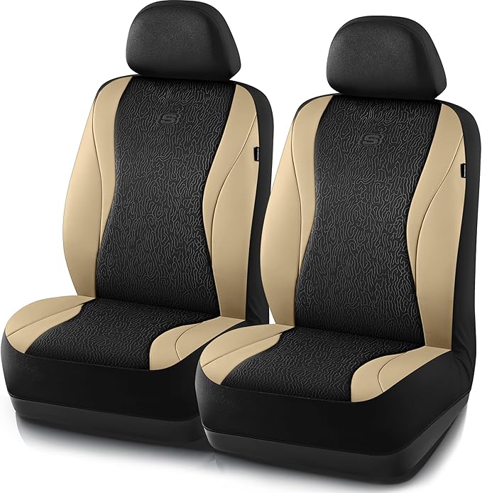 Skechers Car Seat Covers,Leather Seat Covers with GOGA Mat Technology,Waterproof Car Seat Covers Front Seats,Airbag Compatible,Comfort Universal Fit for Most Cars,Vans,Trucks,SUVs,Beige