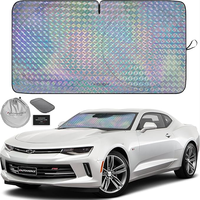 Autoamerics 1-Piece Windshield Sun Shade - Holographic Print Foldable Car Front Window Sunshade for Cars SUV Truck - Heat Blocker Visor Protector Blocks Max UV Rays and Keeps Your Vehicle Cool - Small