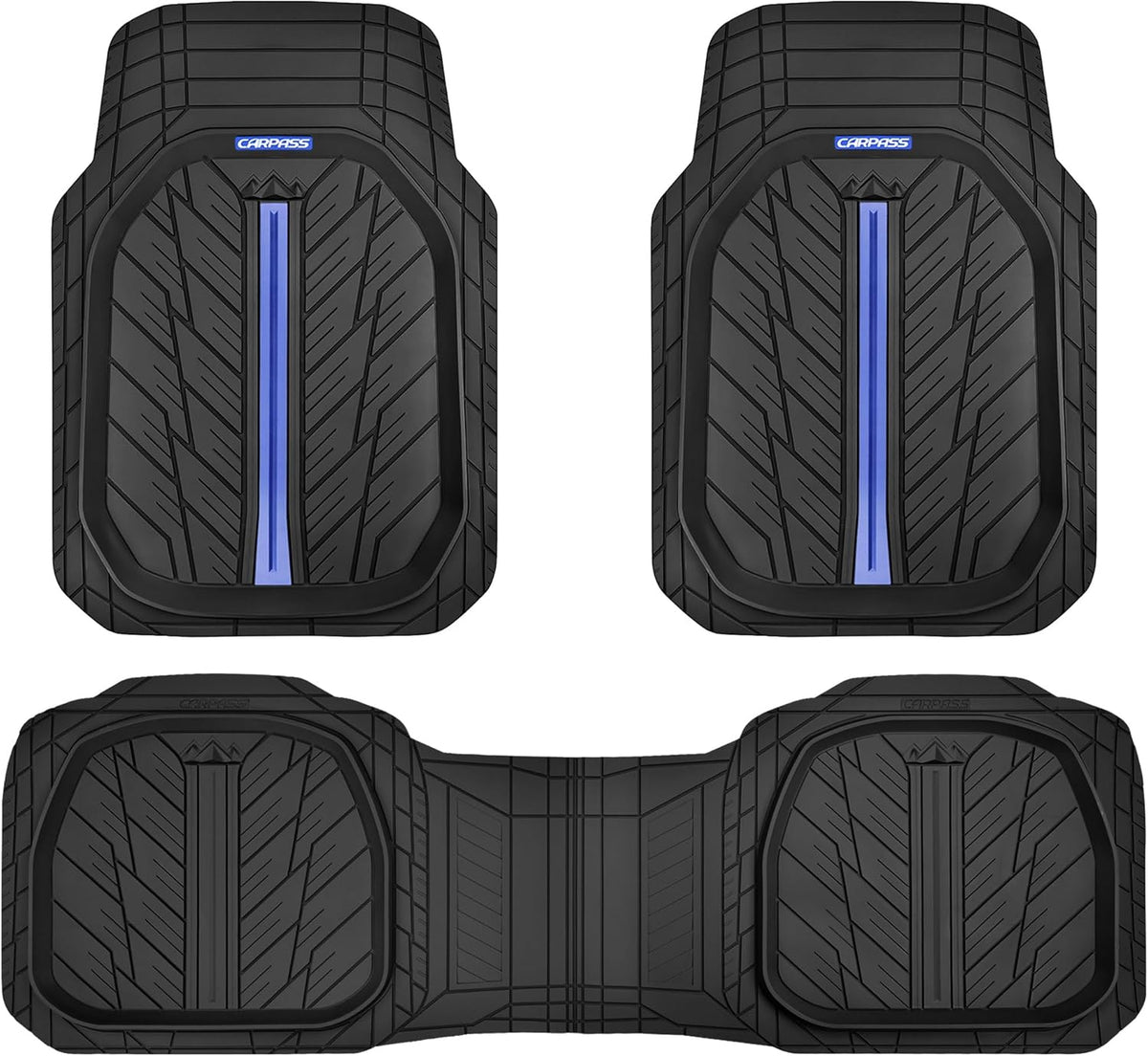 CAR PASS Tire Tread DeepDish Rubber Floor Mats for car Heavy Duty car mats All Weather, Universal XL~M Trim to Fit for Truck SUV Vehicle Automotive, Waterproof car mats 3 Piece(Blue Black)