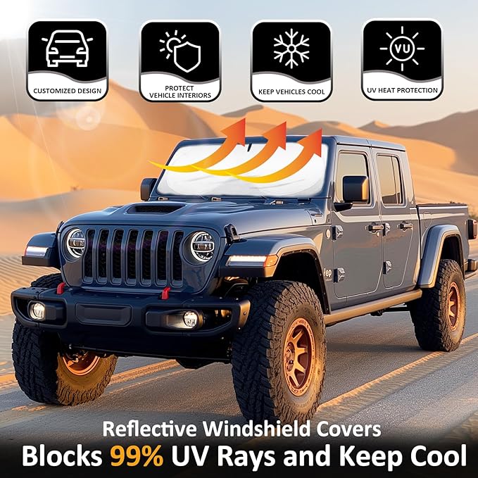 Sunshade Sun Shade for 2018-2024 2025 Jeep Wrangler JL JLu JK JKU Windshield Cover Custom Fit 2020-2025 2026 Jeep Gladiator Front Window Shields Protector 210T Reflective Blocks UV Rays Keep Cool