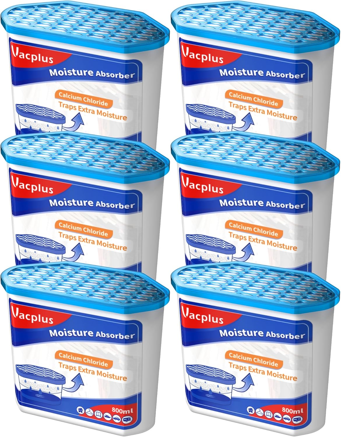 Vacplus Moisture Absorbers 6 pack, 16.0 Oz Portable Humidity Absorber Boxes for Your Bathroom, Closet & Car, Dehumidifier with Fragrance Free, Navy Blue