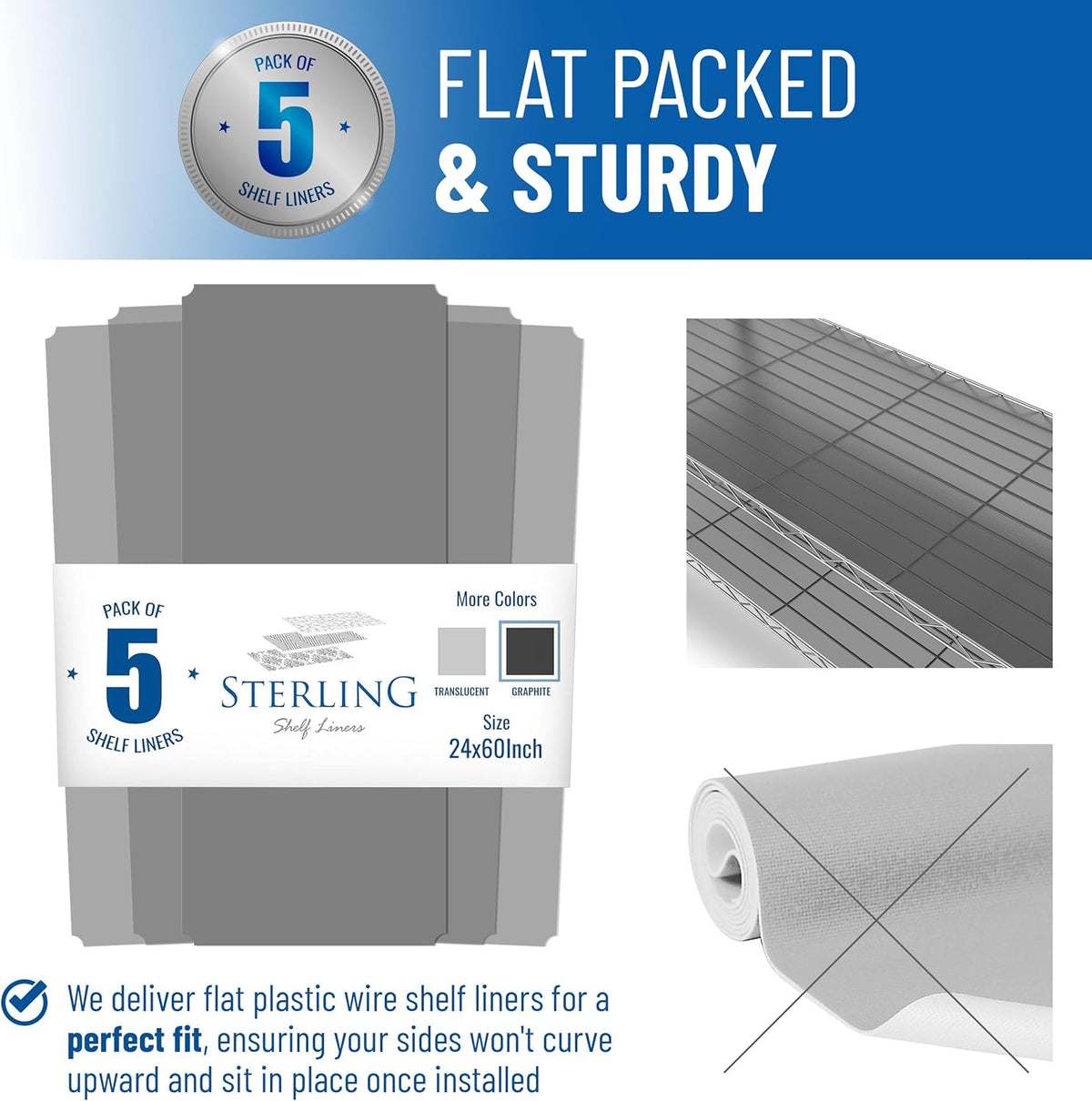 Shelf Liners for Wire Shelf System: Set of 5 in Graphite: 24 x 60 inch: Plastic Wire Shelving Shelf Mats