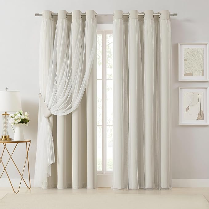 Bujasso Beige 80% Blackout Curtains with Sheer Overlay Mix and Match Double Layer Thermal Insulated Window Panels 95 inch for Living Room Bedroom Beige Drapes with Tiebacks Grommet Top 54" Wx95 Lx2
