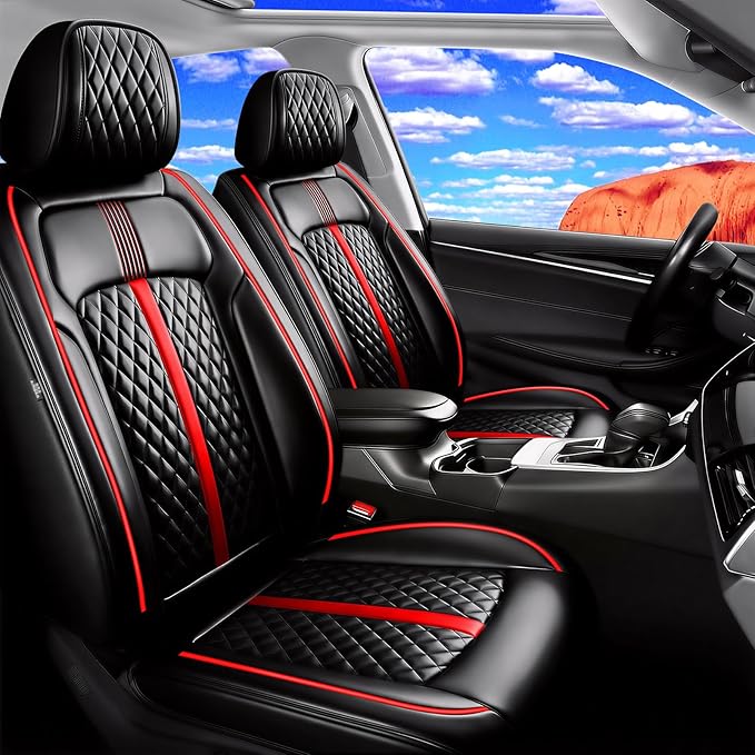 Fit Bolt Car Seat Covers for Select Chevrolet Bolt/Bolt EUV 2017-2025 - Premium Full Coverage Leather, Airbag Compatible, Waterproof & All Weather Seat Cushion Protector, Full Set, Red Trim