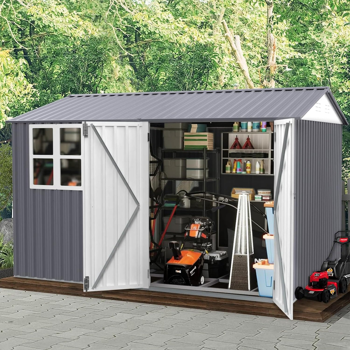 8x10 FT Outdoor Storage Shed, Metal Garden Shed with 4-pane Window, Outside Tool Shed with Lockable Hinged Doors & 4 Air Vents, Waterproof Storage Building for Backyard, Patio, Lawn, White+Gray