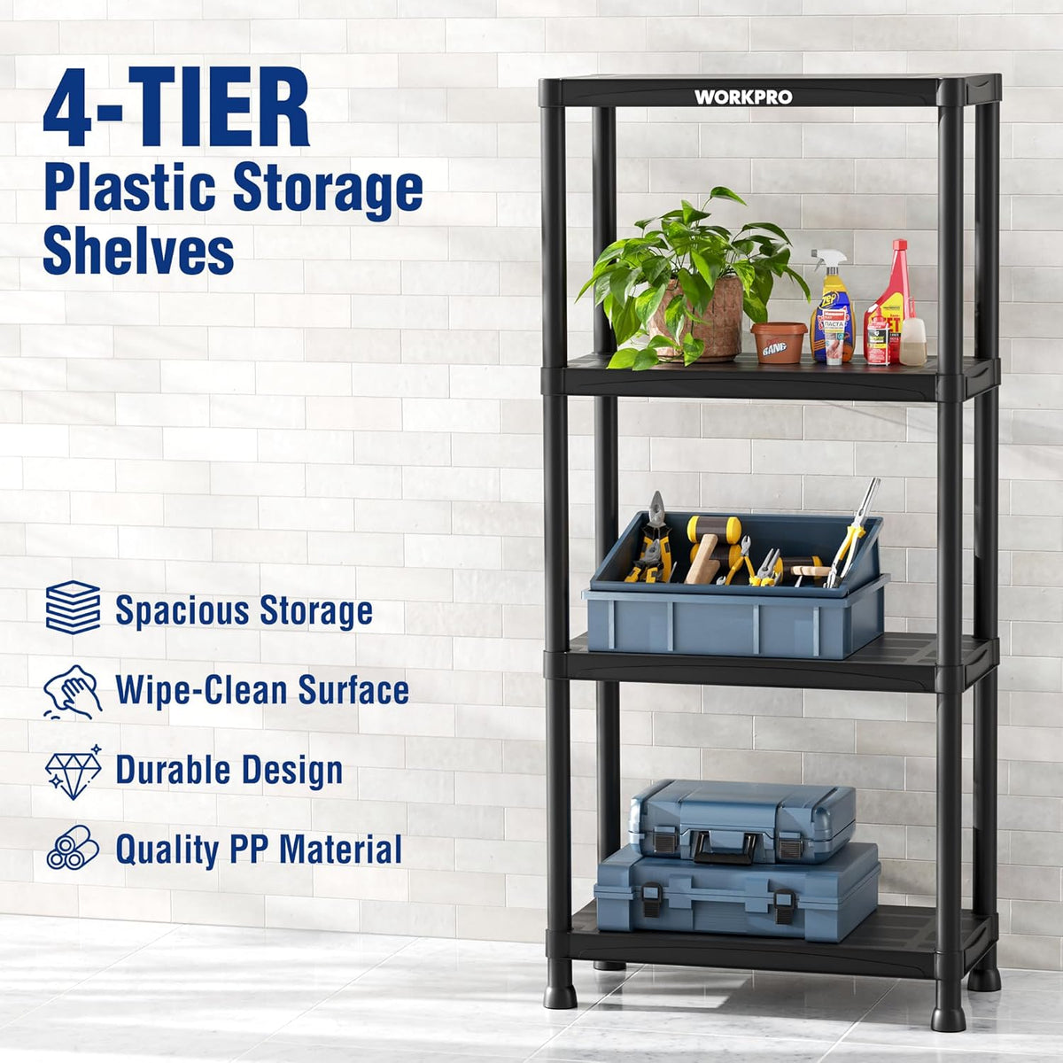 WORKPRO 4-Tier Plastic Storage Shelves, 400lb Capacity Shelving Unit, 51.4" H x 23.9" W x 12" D, Storage Rack for Garage, Home, Pantry, Office, Laundry, Tool-Free Assembly, Black