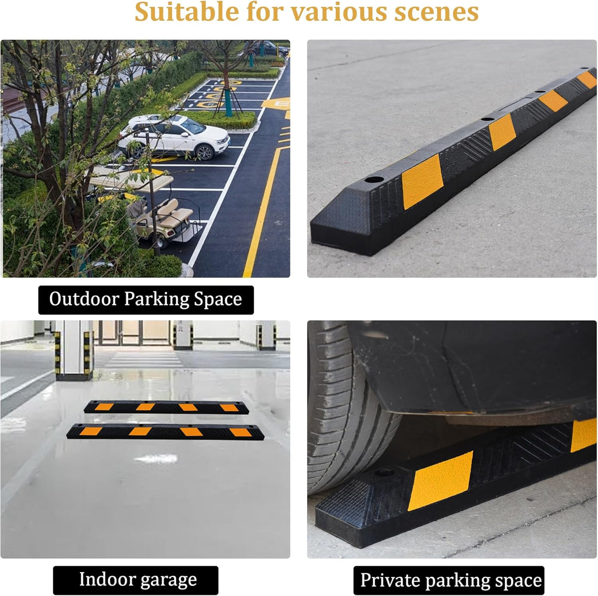 OrangeStar 72" Rubber Parking Curb, Heavy Duty Garage Floor Wheel Stopper w/Yellow Reflective Stripe for Car, Truck, Trailer, 2 Pack