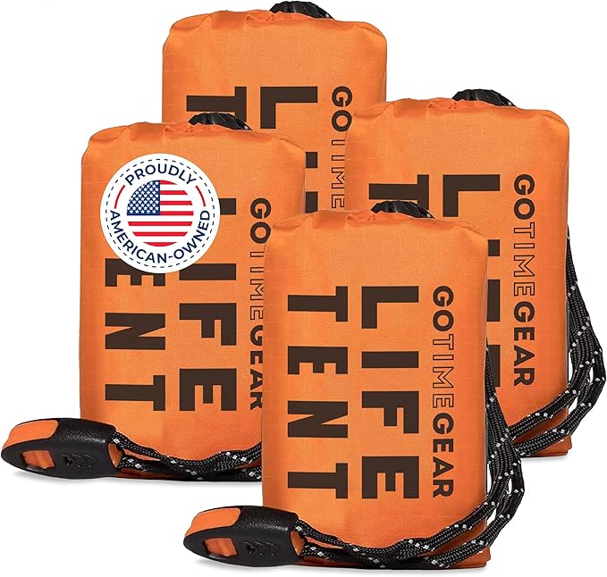 Go Time Gear Survival Life Tent • 2 Person Mylar Emergency Shelter Tube Tent + Paracord • All-Weather Protection for Camping, Hiking, & Survival Kits • Includes Emergency Whistle