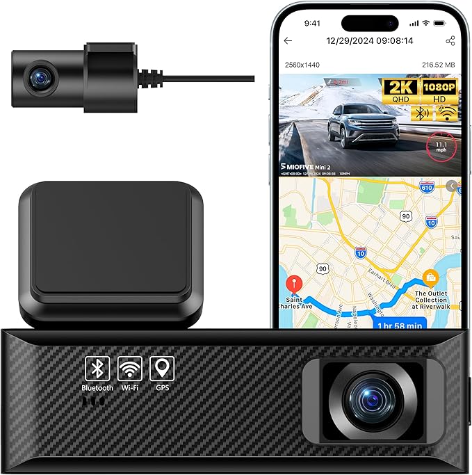 Miofive Dash Cam Mini 2, 2K+1080P FHD, Built-in Wi-Fi GPS Smart Dash Camera for Cars, 125° Wide-Angle FOV, HDR, Night Vision, G-Sensor, iOS/Android App, Loop Recording, Parking Monitor, Time-Lapse