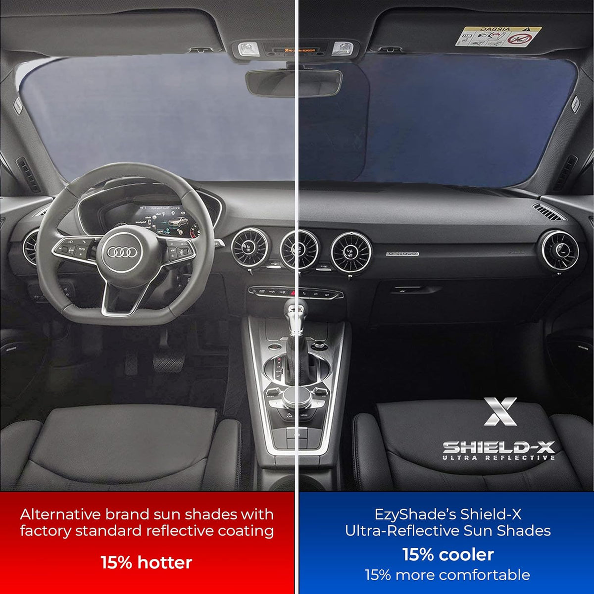 EzyShade Windshield Sun Shade with Shield-X Reflective Technology. See Vehicle Size-Chart. Foldable Car Sunshade for Front Windshield Window Car SUV Van Truck. Sun Visor Heat Shield. Sports (S) Size