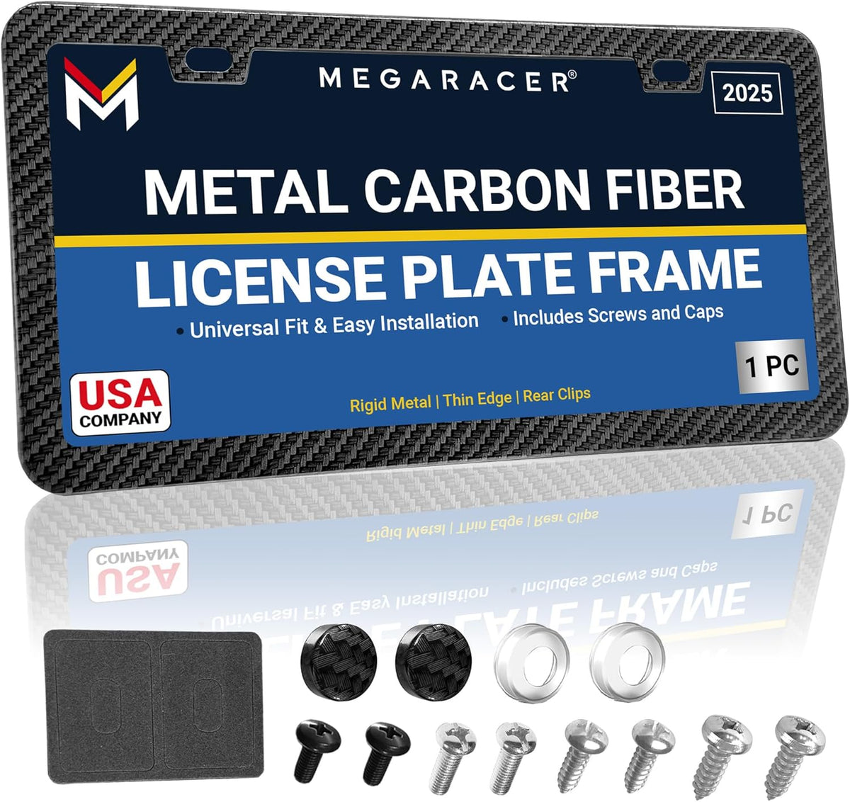 Premium Slim Carbon Fiber Design License Plate Frame – 1 Pack, Rust-Free Stainless Steel & Rattle-Free, Street Legal, Universal with Screw Caps Cover, Thin Metal Front or Rear Car Tag Holders for Men