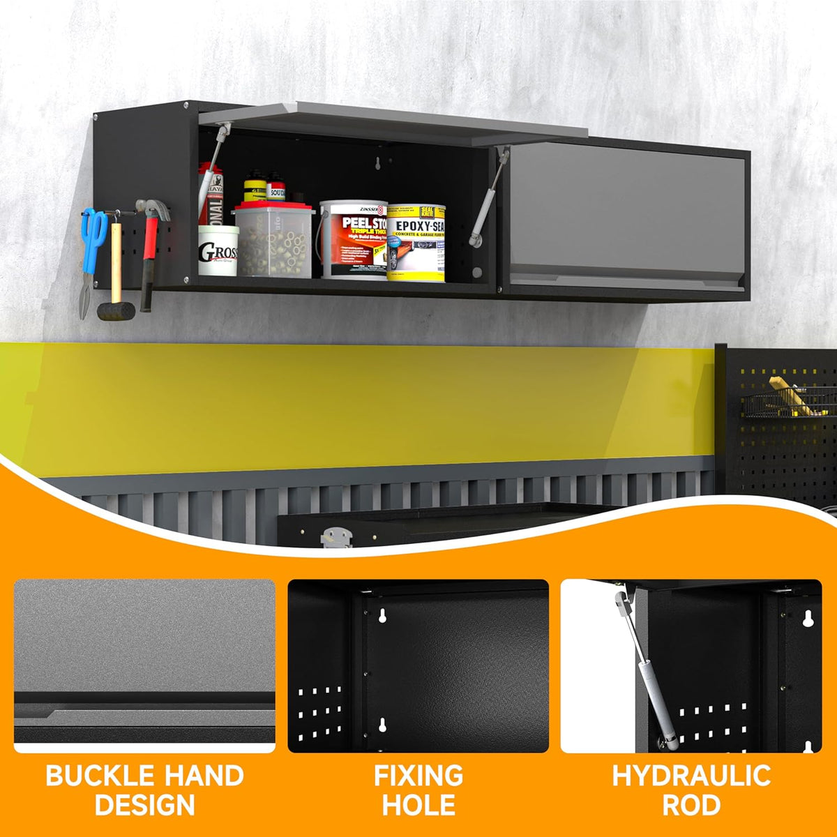 Metal Garage Wall Cabinet with Doors Side with Holes,13.8" H 1 Door Small Wall Hanging Tool Chest Cabinet,Garage Storage Cabinet for Garage, Basement, Kitchen, Warehouse,Office, Bathroom-Black Gray
