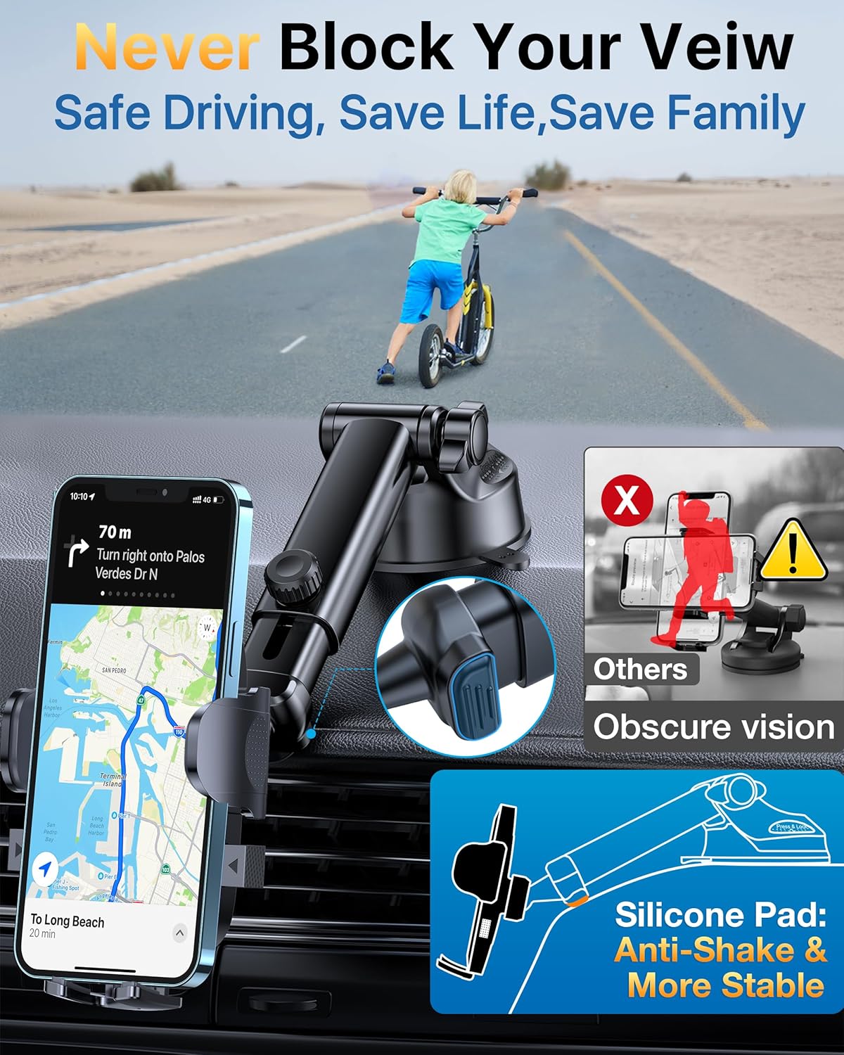 YRU [2025 Upgrade Extreme Strong Suction] Car Phone Holder Mount,[Bumpy Road Stable] Dashboard Cell Phone Holder for Car Vent Windshield Phone Stand for iPhone 16 15 14 13 Pro Max Samsung Truck, Blue