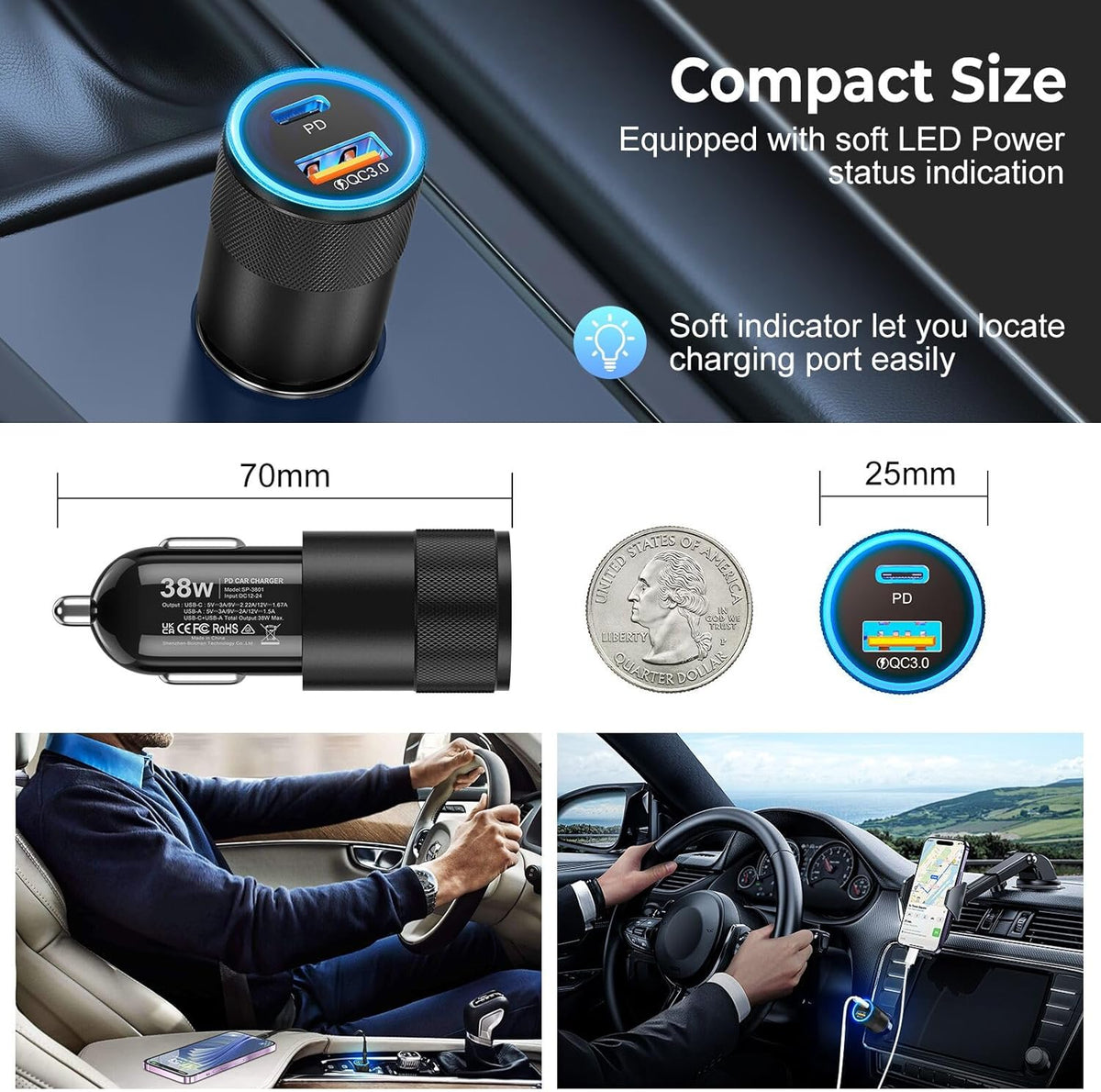6 Pack USB C Car Charger, Ancekoy 38W Dual USB-C + USB-A Car Charger Adapter Fast Charge PD/QC 3.0 Cigarette Lighter Adapter USB Charger Plug for iPhone 16/15/14/13/12/11/Pro Max, iPad, Samsung,Pixel