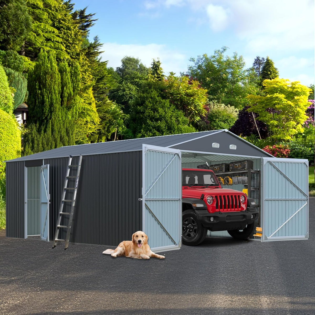 Metal Garage Shed 20x13 FT, Sheds & Outdoor Storage Clearance, Outdoor Storage Shed for Car, Truck, Bike, Lawnmower, Backyard Tool House, Boasting 2 Doors and 4 Vents, Dark Gray