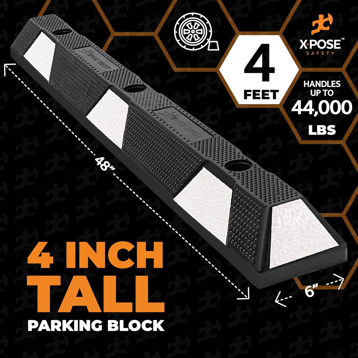 Xpose Safety 48" Heavy Duty Rubber Parking Stopper – Bulk Full Pallet 50 Pack Wheel Blocks for Garage, Driveway, or Ramp – Car Bumper Stop with White Reflective Strips – Removable Floor Mount
