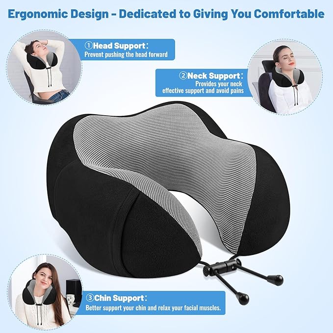 CloudBliss Travel Pillow Premium Memory Foam, Comfortable & Supportive Neck Pillow, Neck Pillows for Sleeping Travel, Airplane Pillow for Sleeping Airplane, Car, Office and Home（Black & Black）