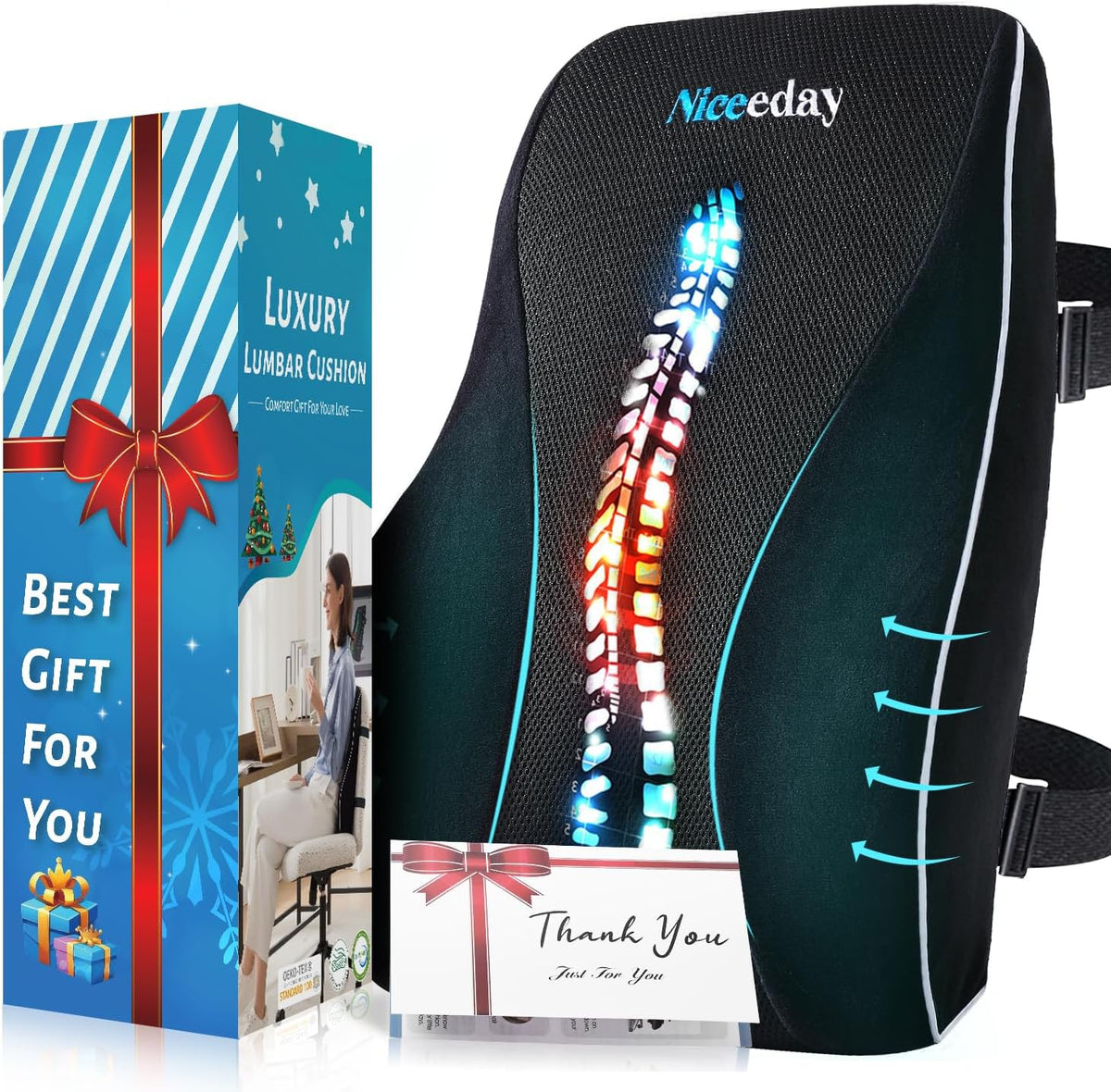 Lumbar Support Pillow for Office Chair Car, Gaming Chair Lower Back Pain Relief Memory Foam Cushion with Greeting Card,3D Mesh Cover Ergonomic Back Rest, Birthday Gift Father‘s Day Gifts for Dad