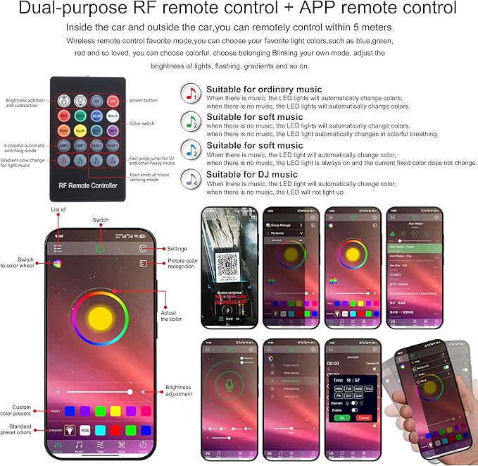 5 m Optic Fiber Car Ambient Lighting Kit Bluetooth App Control + RF Remote Control 64 Colors Multicoloured Music Interior Footwell Lighting Kit 12V 1W