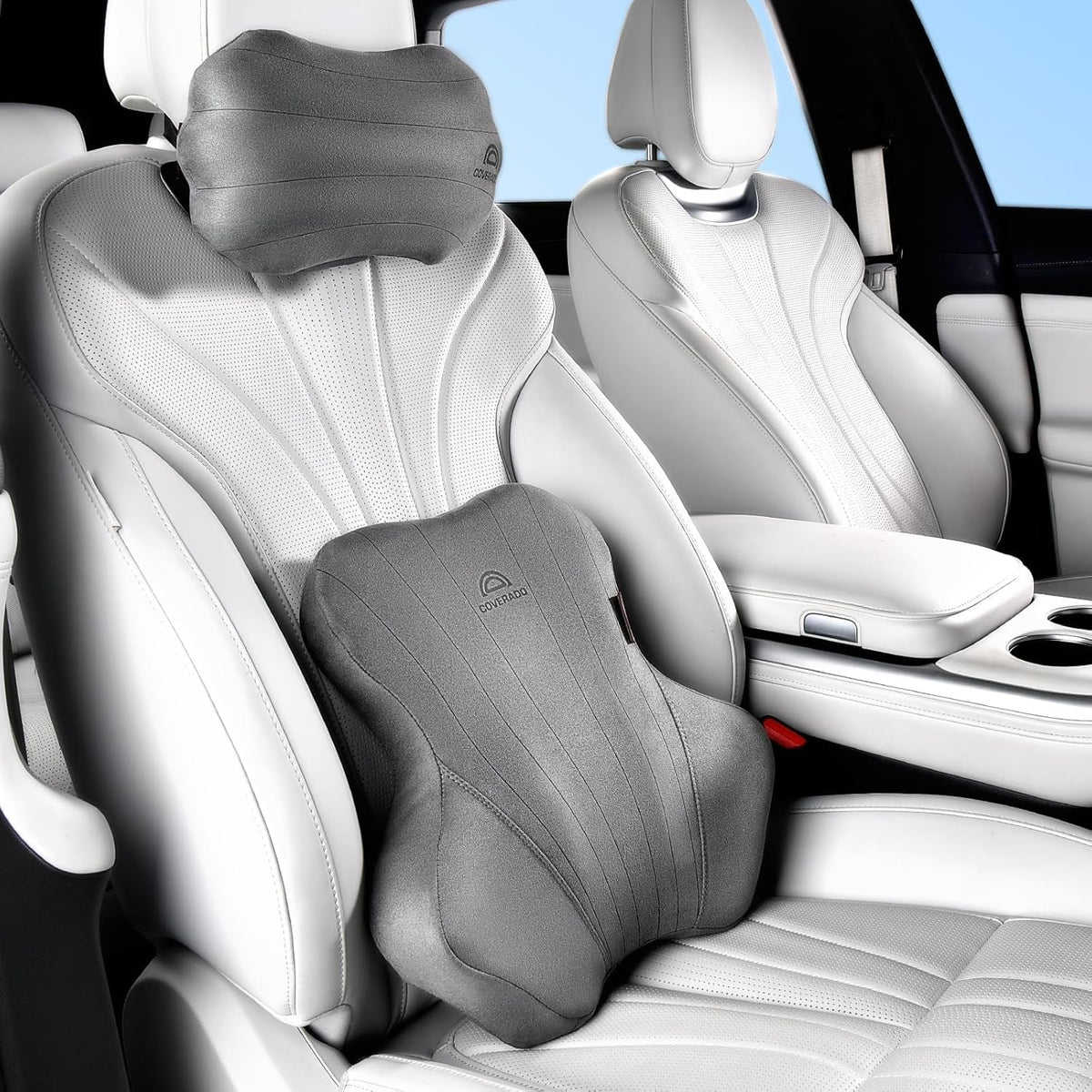 Coverado Car Lumbar Support Pillow and Car Neck Pillow Kit, Ergonomic Design Car Headrest Pillow for Driving, Relax Back Head Muscles Relieve Driving Fatigue, Breathable & Removable Cover, Gray