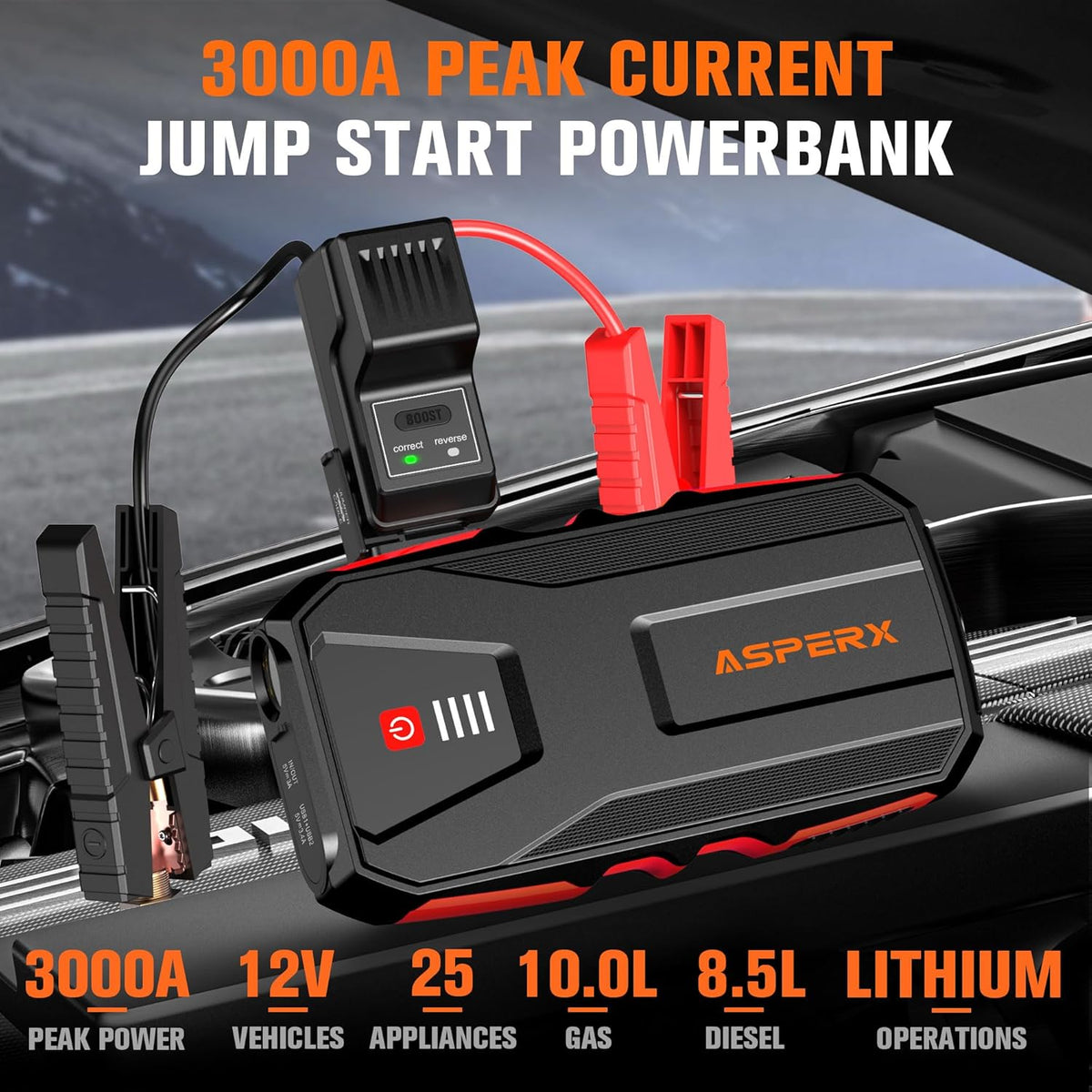 ASPERX 3000A Jump Starter for Car Battery, 12V Portable Jump Box with LED Light & Smart Jumper Cables, BMS for Up to 10.0L Gas or 8.0L Diesel Engines-Red