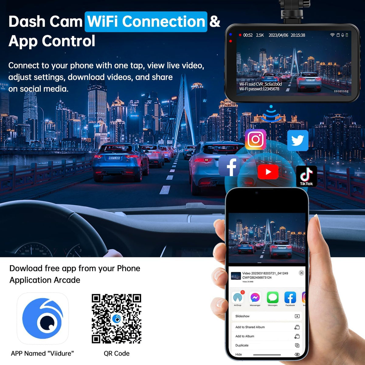 Dash Cam Front and Rear, Dash Camera for Cars WiFi/APP Control Dual Dashcam W/ 64GB Card, 2.5K Dash Cam Front+1080P Rear Car Camera W/Super Night Vision, Loop Recording, G-Sensor, Max Support 256GB