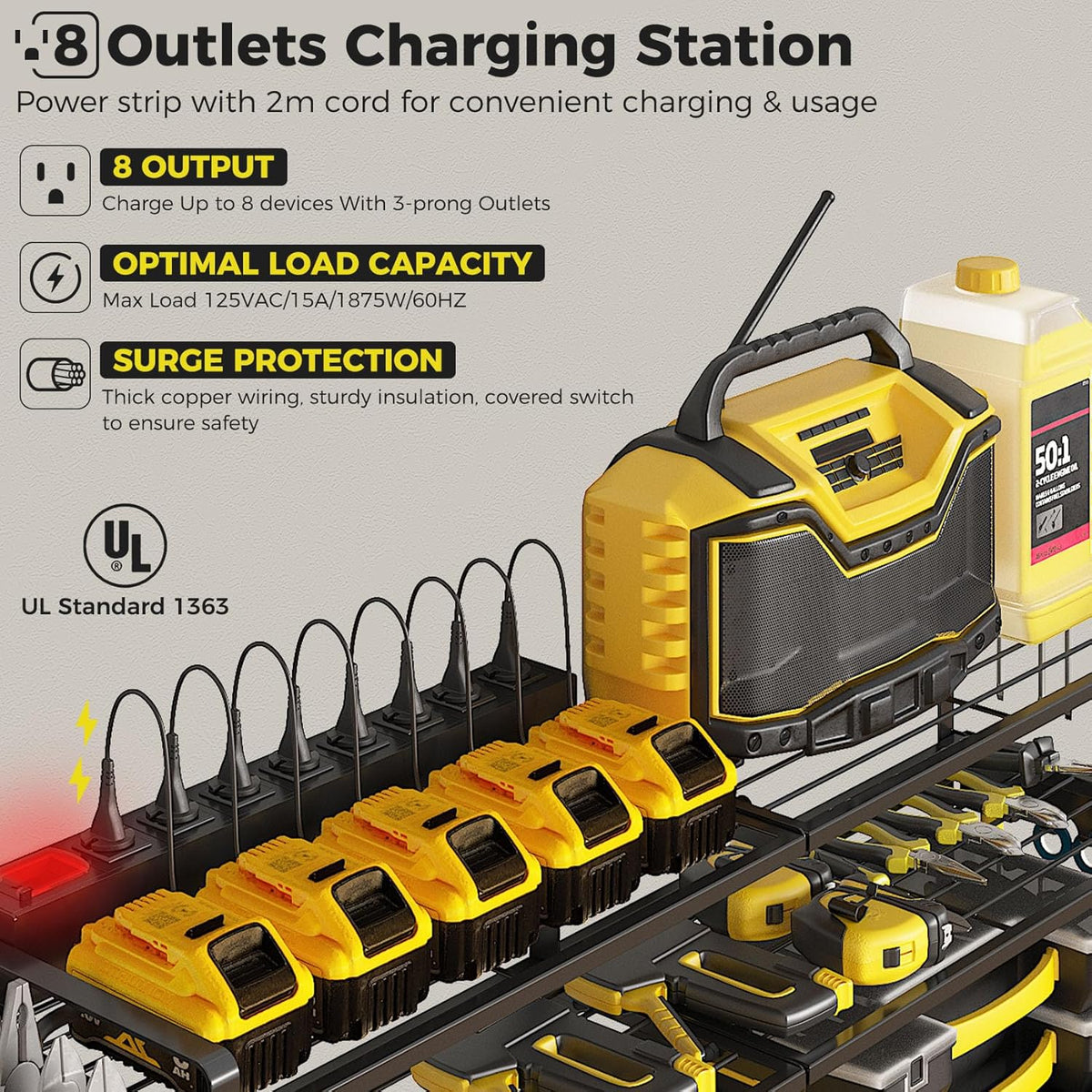 2 Pack Power Tool Organizer Wall Mount with Charging Station, 8 Outlet Power Strip & 4 Layers Storage Rack with 8 Drill Holders for Cordless Tools, Heavy Duty Utility Racks for Garage Workshop