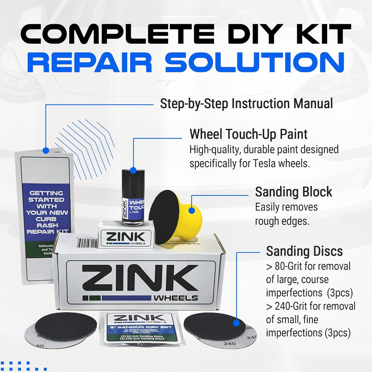 Premium Tesla Wheel Curb Rash Repair Kit for Model Y 19-inch Dark Gemini Rims - DIY Kit with Color-matched Touch Up Paint - Made in USA