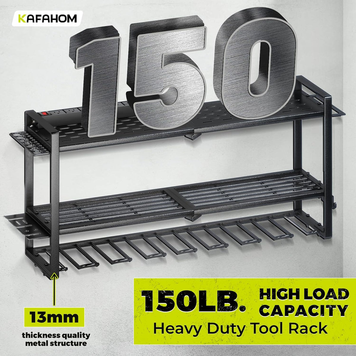 KAFAHOM Power Tool Organizer with Charging Station. 8 Drill Holder 3 Layers Tool Storage Shelf Wall Mount Built in 8 Outlet Power Strip.Tool Battery Holder with Screwdriver/Hammer