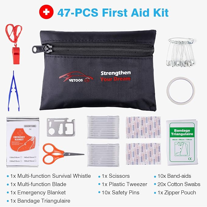 Vetoos Car Roadside Emergency Kit with Jumper Cables, Auto Vehicle Safety Road Side Assistance Kits, Winter Car Kit Essentials for Women and Men, with Car Repair Tool Set, Folding Survival Shovel