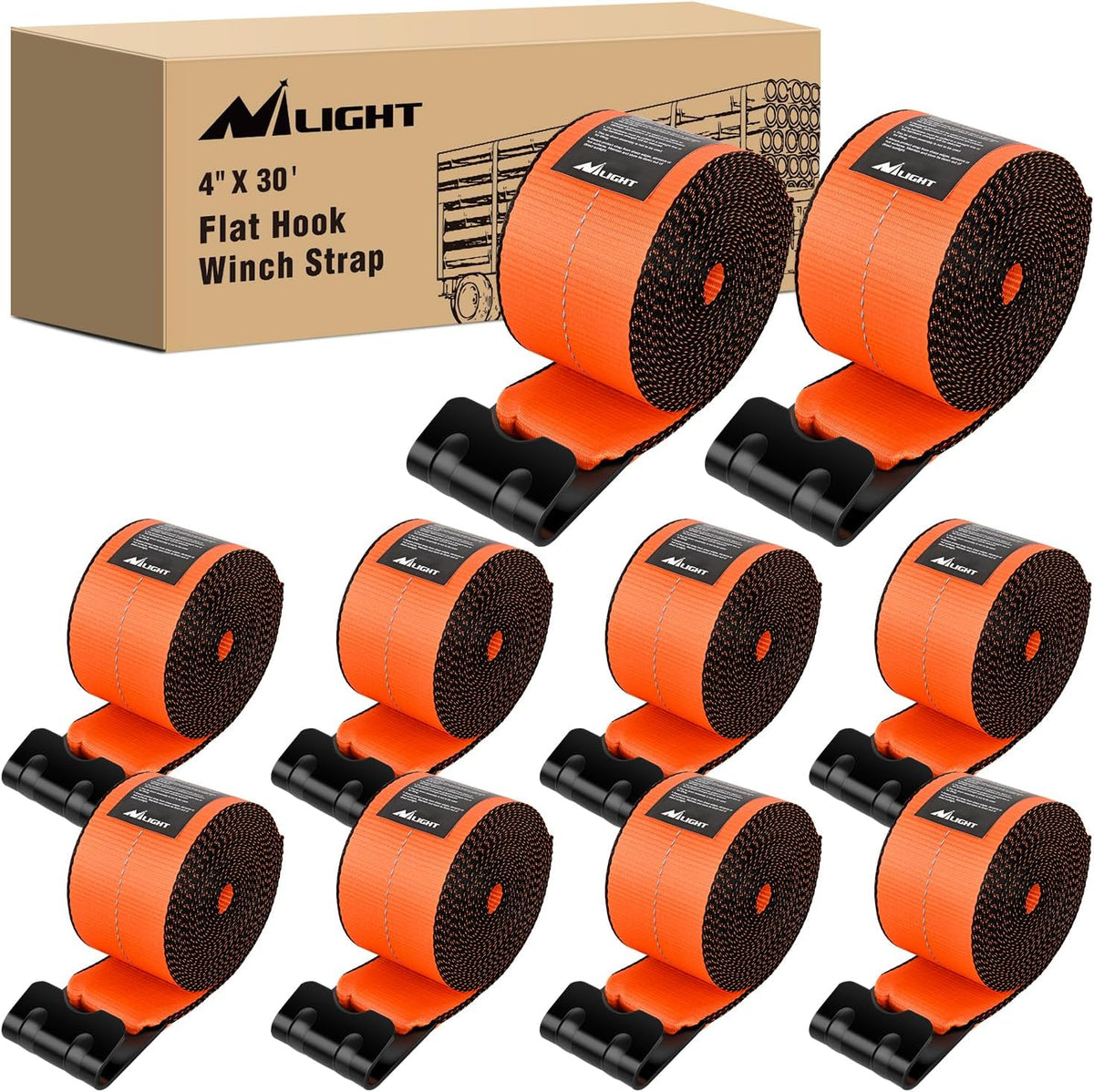Nilight Truck Straps 4”×30’ Orange Heavy Duty Winch Straps with Flat Hook Break Strength 16800LBS WLL 5400LBS Cargo Straps for Flatbeds Trucks Trailers Farms Rescues Tree Saver (10PACK)