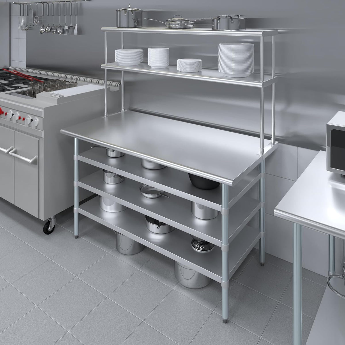 Amgood 30" x 60" Stainless Steel Work Table with 3 Shelves and 12" Wide Double Tier Overshelf | Metal Kitchen Prep Table & Shelving Combo | NSF
