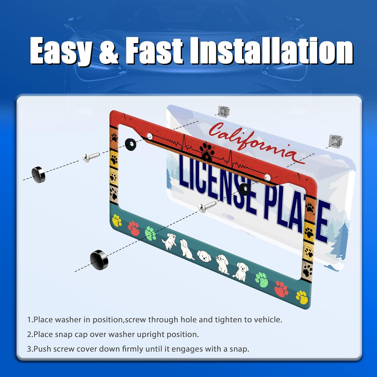 Dog License Plate Frame Cute Dog Paws License Plate Stainless Steel Animal Funny License Plate Holder Personalized Dog Car Accessory Decoration 12.3" x 6.3"for Men Women