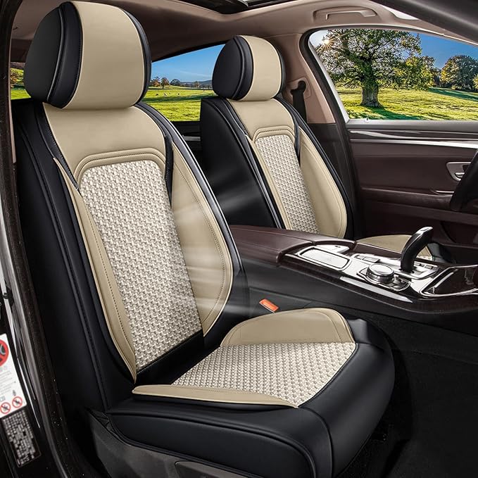 Car Seat Covers fit for Acura TL 2004-2014, 5 Seats Full Set Breathable Cooling Ice Silk Leather Car Seat Covers, Vehicle Seat Protector Seat Cushion Automotive Accessories (Black&Beige)