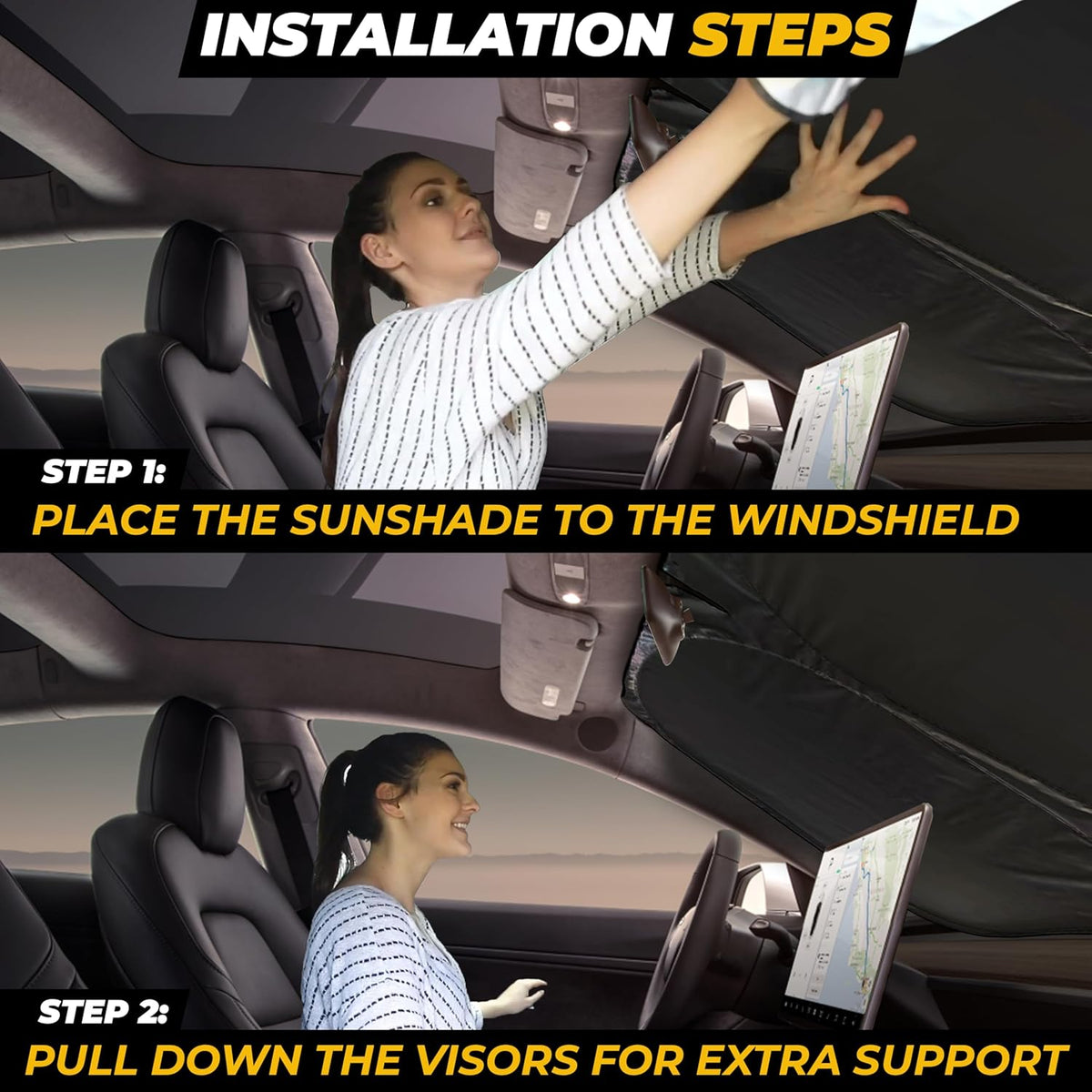 Tesla Windshield Sun Shade for Model(3/Y)(2016–2025) – XX-Large 56" x 36", Foldable Front Sunshade with Storage Bag | Reflective 240T Polyester | Blocks UV Rays&Heat – Interior Protection Accessory
