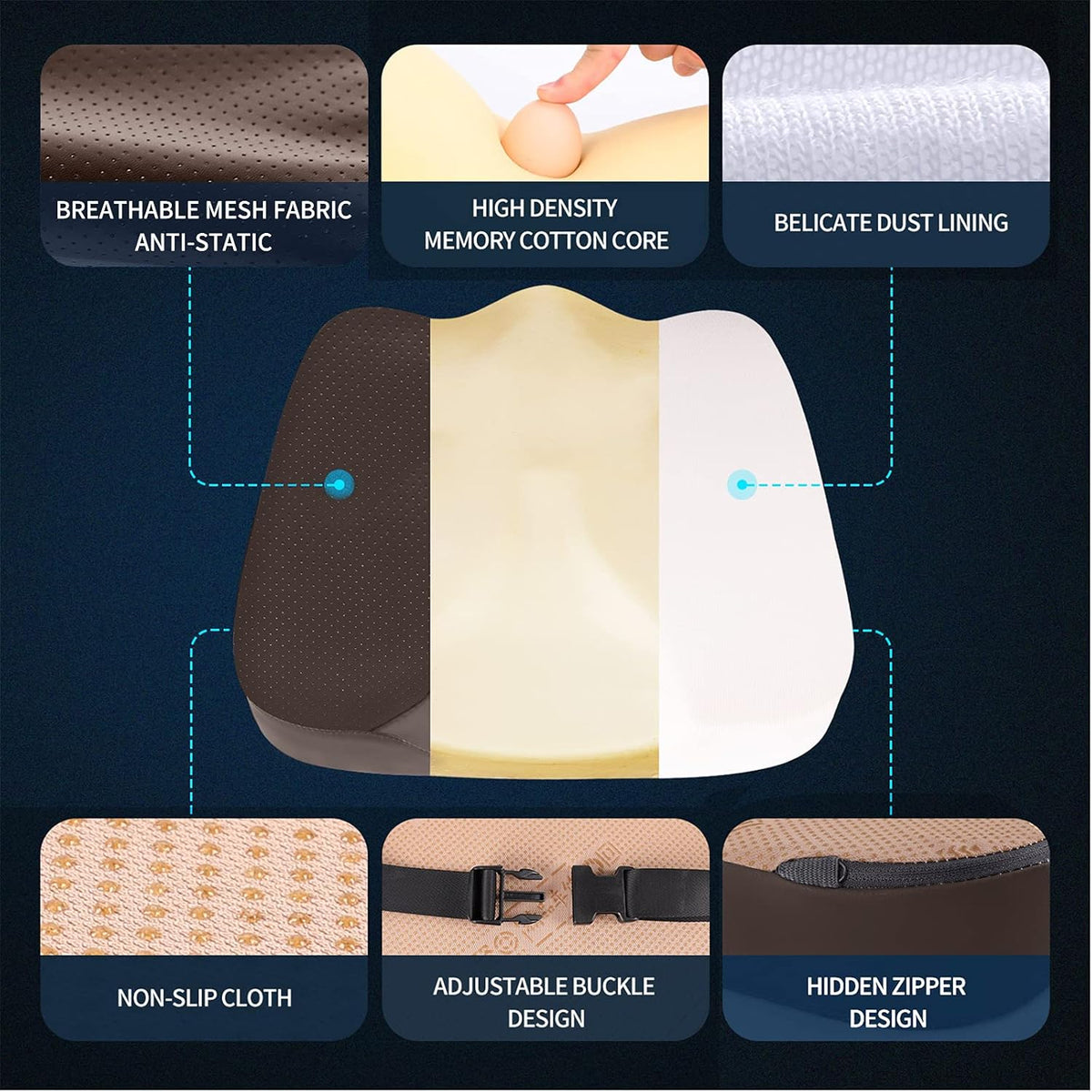 Car Seat Cushion - Comfort Memory Foam Seat Cushion for Car Seat Driver, Tailbone (Coccyx) Pain Relief Pad, Car Seat Cushions for Driving, Office Chair Cushion (Brown)