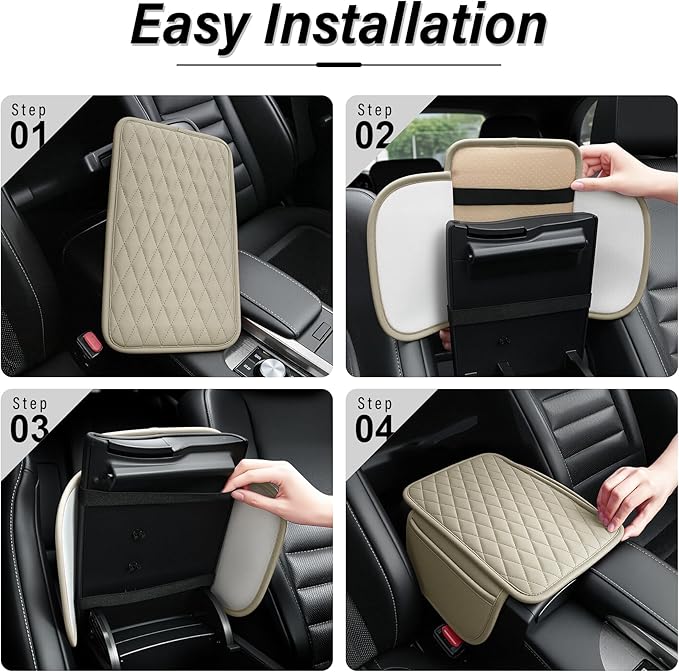 Amiss Car Center Console Cover, Leather Car Armrest Cushion with 2 Storage Pockets, Universal Waterproof Cushion Pad, Non-Slip Car Interior Accessories, Fits Most Sedans SUVs Trucks (Light Beige)