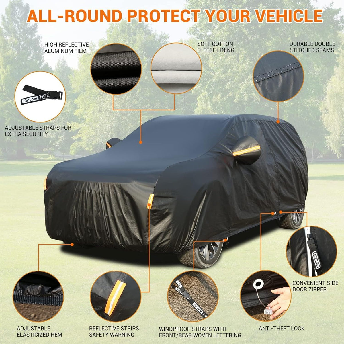 Tecoom Car Cover Waterproof All Weather, 3 Layers Car Covers for Automobiles with Lock/Zipper Door, Thick Fleece Lining UV Snow Rain Hail Protector Car Cover, Universal Fit for SUV (191-205 Inch)