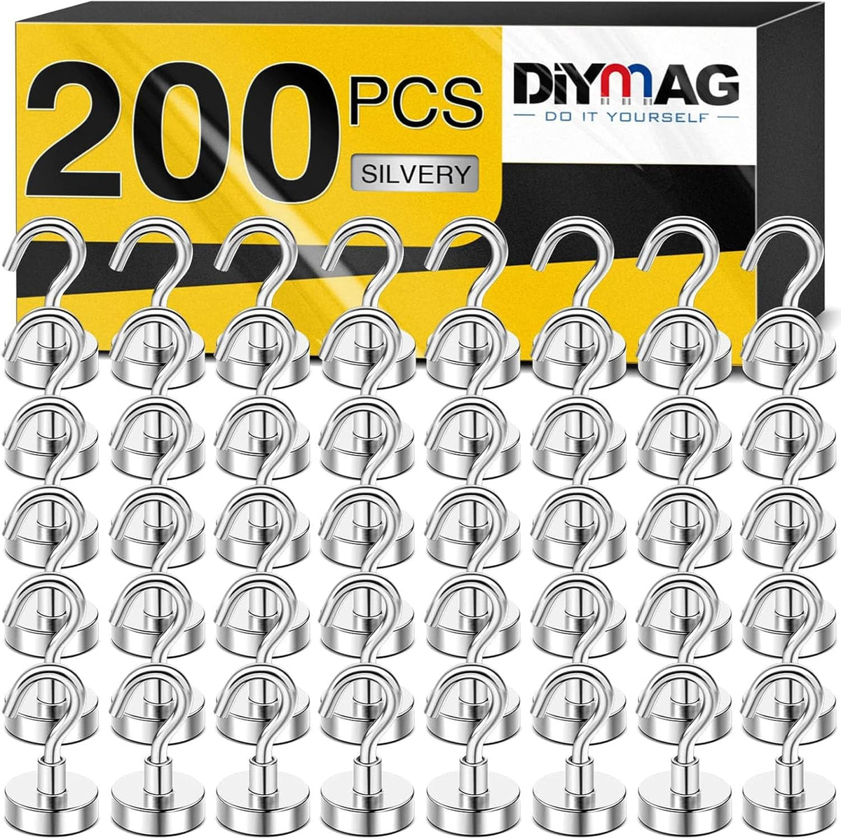 DIYMAG Magnetic Hooks, 30Lbs Strong Heavy Duty Cruise Magnet S-Hooks for Classroom, Fridge, Hanging, Cabins, Grill, Kitchen, Garage, Workplace and Office Etc, (200 Pack-Silver),Screw in Hook