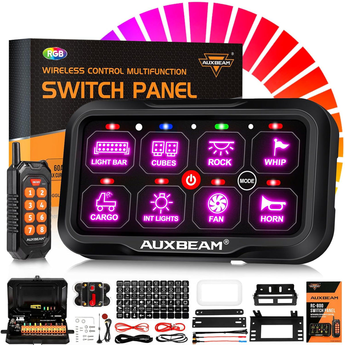 Auxbeam 8 Gang Switch Panel RC-800 RGB Wireless Remote Control Range Up to 165FT Multifunction Switch Pod 3 lighting modes with Backlit Off and Auto Dimmable for RV Offroad Waterproof 2 Years Warranty