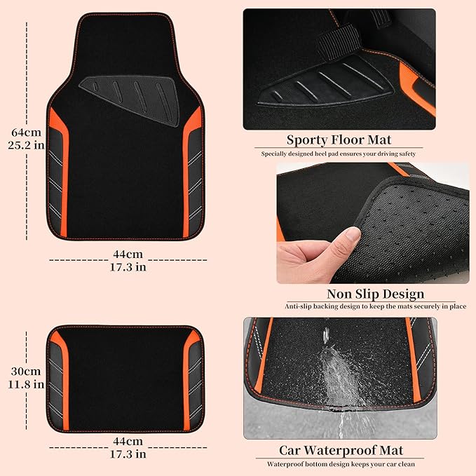 CAR PASS Leather Steering Wheel Cover and Waterproof Car Floor Mats,Microfiber Universal Car Combo Fit for 95% Sedan SUV Van Truck,14.5-15inch Sporty Anti-Slip Safety Comfortable Design, Black＆Orange