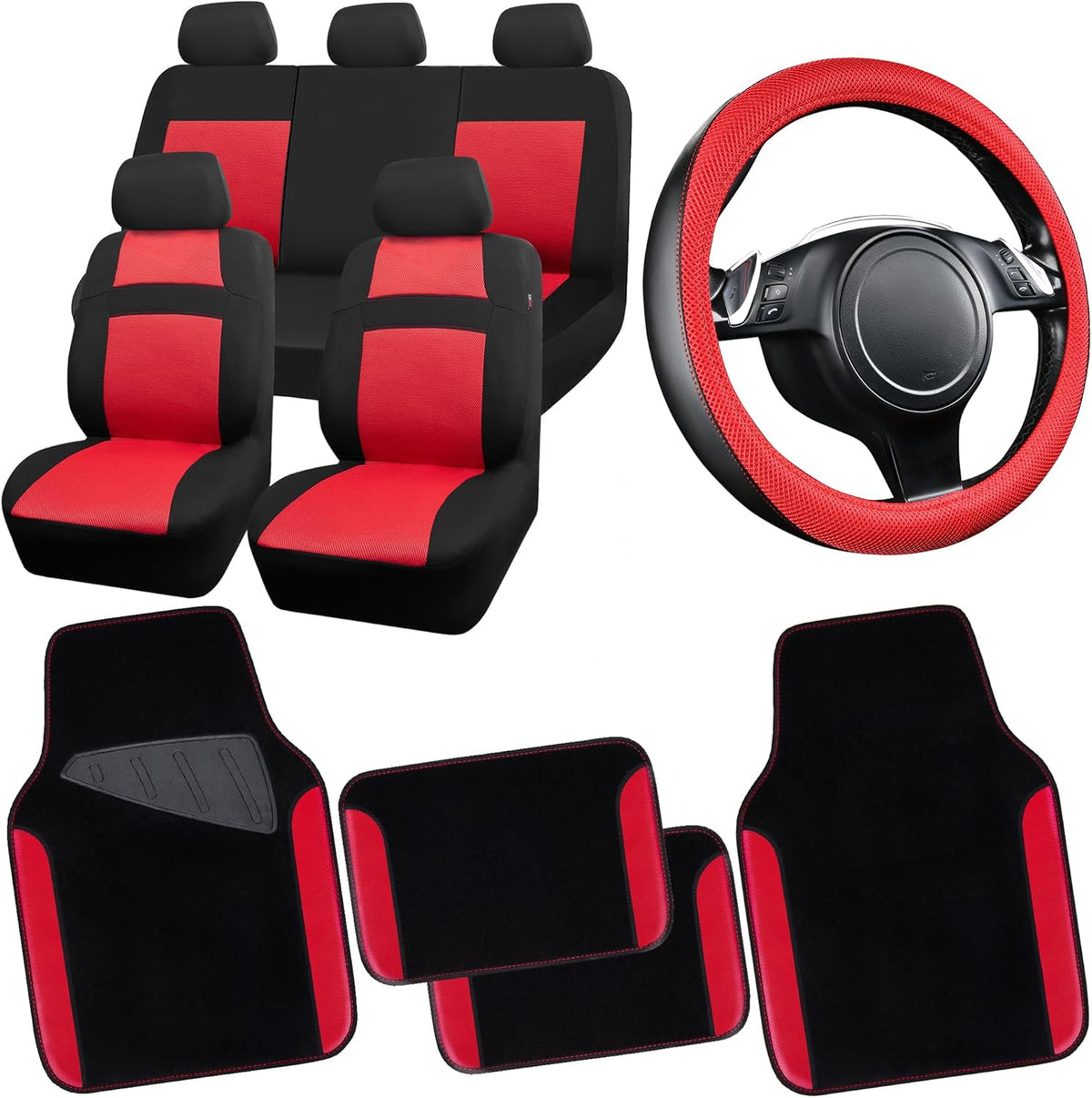 CAR PASS 3D Air Mesh Car Seat Covers Full Sets w/5mm Sponge, 4Pcs Waterproof Car Floor Mats, Steering Wheel Cover Universal Fit for SUV Sedan Truck, Airbag Compatible Automotive Interior(Black & red)