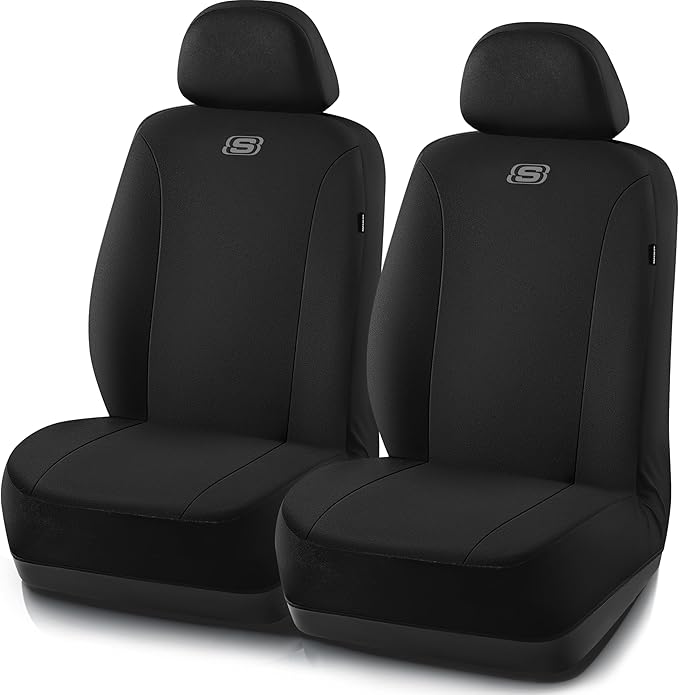 Skechers Seat Covers, Premium Breathable Polyester Seat Covers, Car Seat Covers Front Seats Airbag Compatible, Automotive Comfort for Most Cars, Vans, Trucks, SUVs (Two Front, Black)