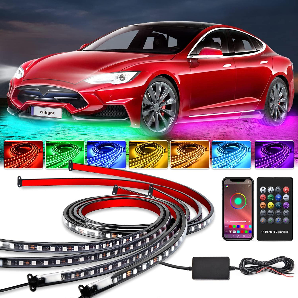 Nilight 4Pcs Car Underglow Neon Accent Strip Lights 256 LEDs RGB Multi Color DIY Sound Active Function Music Mode with APP Control and Remote Underbody Light Strips