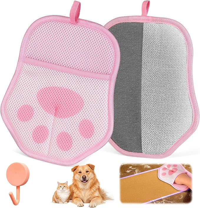 Reusable Pet Hair Removal Gloves, Suitable for Removing Pet Hair from Clothing, Sofas, Carpets, and Car Seats, 1 Pcs with Hanging Hooks, Size 9.8 x 7.87 x 0.5 in (Pink)