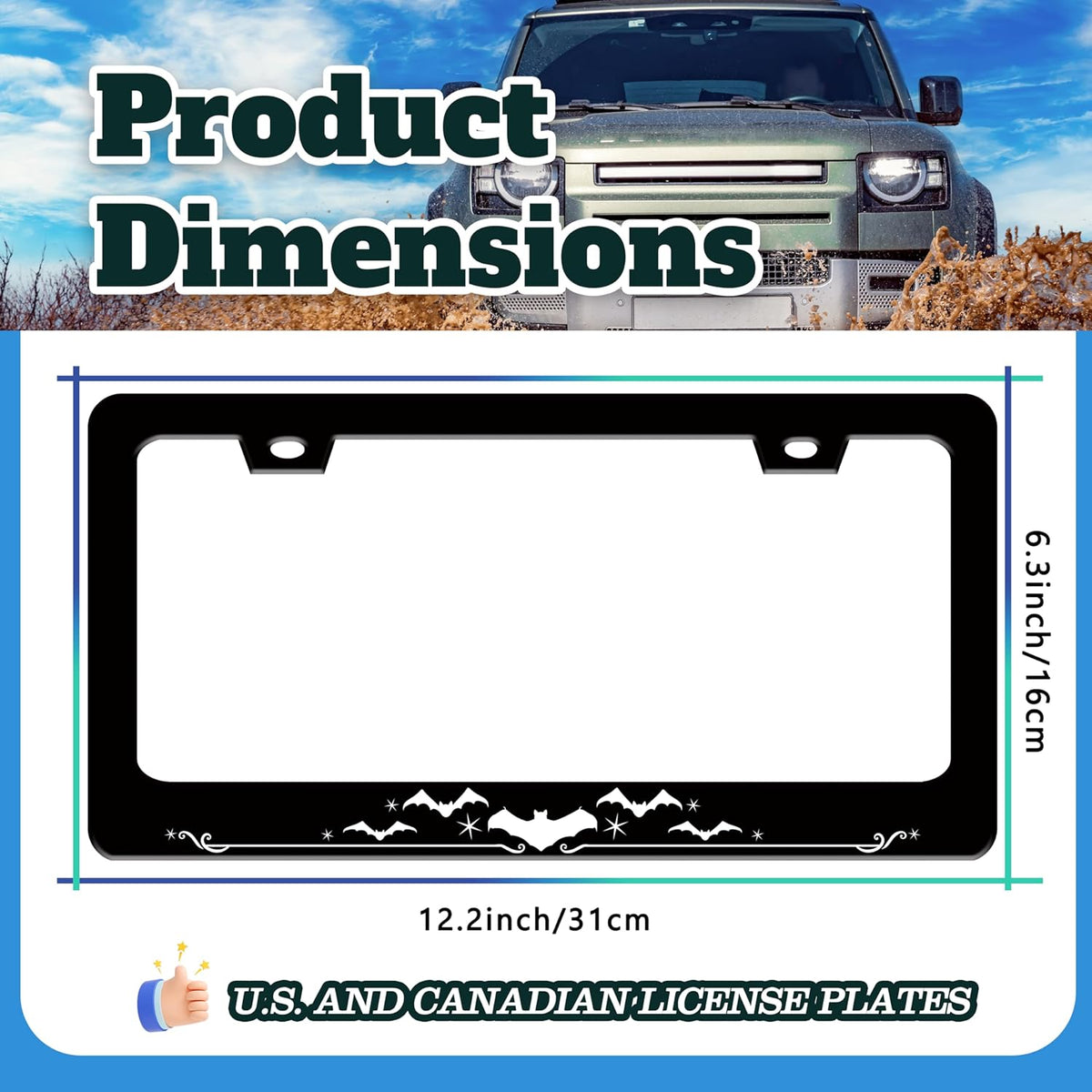 Bat License Plate Frame Funny Gothic Style License Plate Holder Animal for Front or Rear Car Tags Reusable Durable Stainless Steel Car Decoration with Screws 6.3 X 12.2 Inch for Men Women